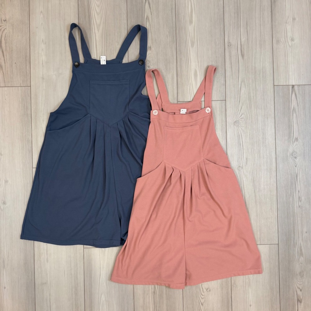 Halara Waffle Knit Bib Overalls Romper Shorts Set of 2 Navy Blue Pink Medium